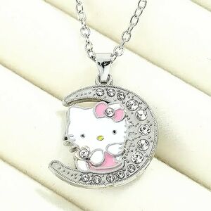 Hello Kitty Anime Crescent Moon Necklace Sanrio Rhinestone Sparkly Jewelry   New